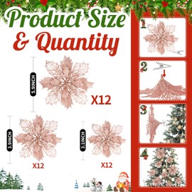36 Pcs Christmas Glitter Poinsettia Flowers Artificial Flower Ornaments Fake Flower Christmas Tree Decorations Glitzy Poinsettia with Clips for DIY Xmas Wreaths Holiday Home Party Decor (Rose Gold)