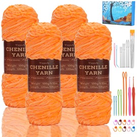 Yizzvb Chenille Yarn 4 * 3.35oz/100g, Chenille Yarn for Crocheting, Velvet Yarn, Blanket Yarn with Big Eye Needles, Stitch Markers, Soft Chenille Yarn for Crocheting Weaving Craft Blankets (Orange)
