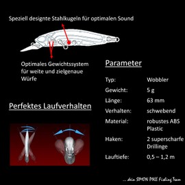 Wobbler Bass Slicker M63 SP in Colour E 6.3 cm Bait for Fishing for Perch Zander Pike & Co., Flat Running