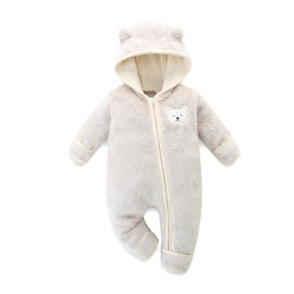 Baby Winter Fleece Hooded Zipper Jumpsuit Cute Cartoon Panda Ears Snowsuit for 6-9M Beige