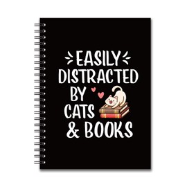 YAZMEEN Funny Cat Blank Spiral Notebook（160 Pages） Easily Distracted by Cats and Books Hardcover Sketchbook Cat Lover Notebook Book Lover Journal Funny Birthday Gifts for Librarian Bookworm Teacher