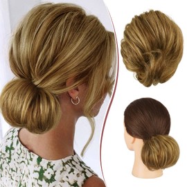 RUWISS Long Thin Straight Tousled Updo Bun 100% Real Human Hair Curly Short Ponytail Elegant Hair Pieces Long Scrunchie Extension Casual Bun Extensions for Women 25g (Brown with Blonde Highlights)
