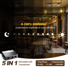 ETL Listed 60W 24V 5-in-1 Dimmable LED Driver, Universal Power Supply for TRIAC/Phase, 0-10V, 1-10V, PWM, Potentiometer Dimmers, for LED Strip Lights, Panel, Landscape Lighting, Class 2