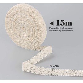 ABSOFINE 15 m Vintage Lace Ribbon Border Beige Cotton Decorative Ribbon Lace Fabric Lace Trim for Sewing Crafts Wedding Decoration Scrapbooking Gift Box