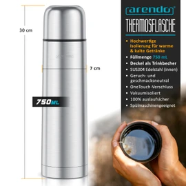 Arendo Stainless Steel Thermal Flask 750 ml - Insulated Flap with Automatic Closure - 360° Drinking Opening - Keeps Hot/Cold - Leak-Proof - with Cup - Silver