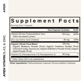 Amen Vitamin D, K2 & Zinc, Cholecalciferol D3 5000 IU, Organic Whole Food Blend with Apple, Blueberry, Cranberry, Elderberry Powder Fruits, Vegan Supplement, D3 K2 Vitamins, Non-GMO - 60 Capsules
