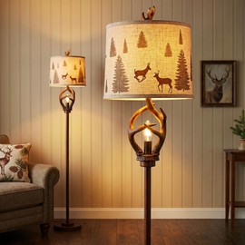 Hamucd Vintage Deer Antlers Floor Lamps with Night Light, Rustic Farmhouse Tall Lamp with Brown Finish Round Linen Shade for Living Room Bedroom Office Study House(Bulb Included)