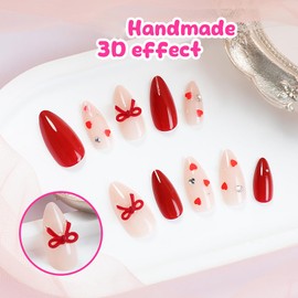French Tip Valentine's Press on Nails Short Bow Love Heart Fake Nails with Rhinestones Design 3D Handmade Acrylic Nails Nude False Nails Full Cover Almond Stick on Nails for Women Manicure Kit