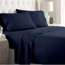 SlumberWell King Sheet Set Cotton, 4 Piece Bed Sheets for King Size Bed, Soft & Breathable, Deep Pocket Sheets Fit 12 Inch Mattress Easy Fit, Navy Blue Solid