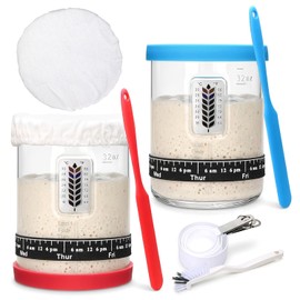 2Pack Sourdough Starter Jar - 40oz Large Sourdough Jar with Marked Feeding Band,Temperature Patch,Scraper, Cloth Cover and Silicone Lid&Base,Measuring Spoon Set,Cleaning brush-RED&BLUE