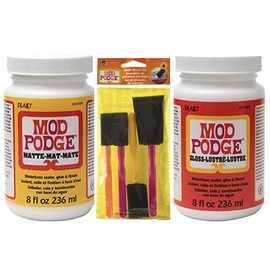 Decoupage Kit | Set 8oz Bottles of Mod Podge Waterbase Sealer/Glue/Finish (Matte + Gloss Finish) | 4pk Foam Brush Set