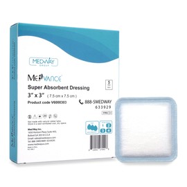 MedVance Super Absorbent Dressing, Non-Adhesive Pads for Wound Care, Pressure Ulcers & 1st/2nd Degree Burns, Superior Moisture Absorption, Box of 5 Dressings (3"x3" Bandage, 1.75"x1.75" Absorbent Pad)