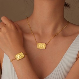ROJHOL 2 Pcs Gold Silver Initial Necklace Bracelet Set for Women, 18K Gold Plated Belt Buckle Initial A-Z Necklace Bracelet Set, Unique Western Style Jewelry Gifts for Women (Jewelry Set-Gold-W)
