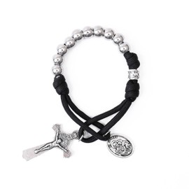 Nazareth Store Strong Military One Decade Paracord Rosary Silver Beads Pocket Car Rosary Pray For Us St. Joseph Medal & St. Benedict Cross (Black Paracord Rosary)