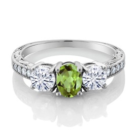 Gem Stone King 2.02 Cttw 925 Sterling Silver Peridot Moissanite 3-Stone Engagement Ring | Three Stone Wedding Engagement Anniversary Promise Ring For Women | Size 5,6,7,8,9