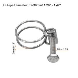 sourcing map 6Pcs Double Wire Hose Clamp, 32-36mm Adjustable Stainless Steel Wire Hose Clips with M8 Bolt for Dust Collection Hose, Pump Hose Pipe
