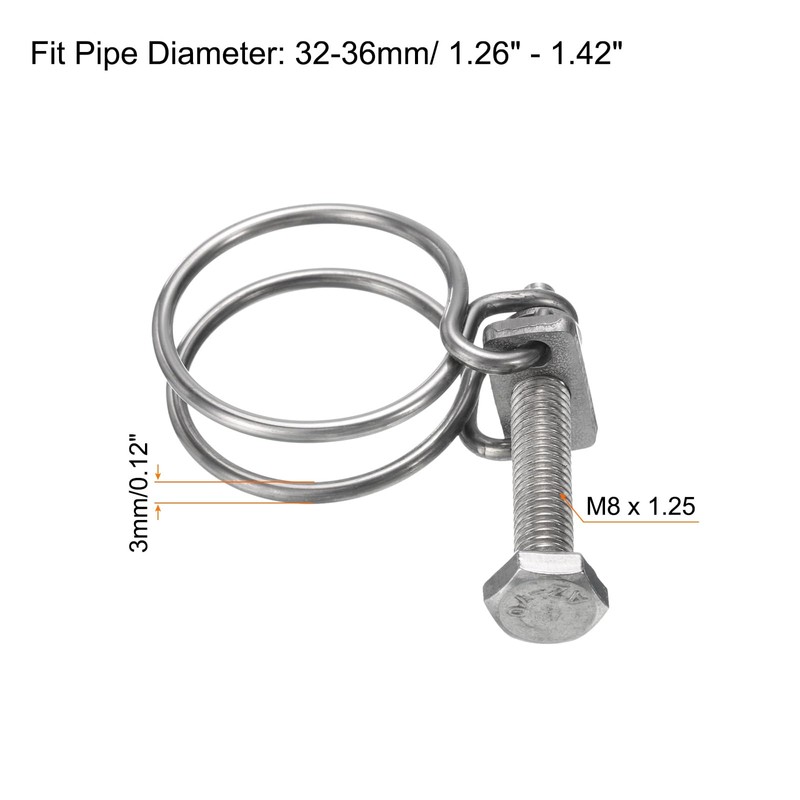 sourcing map 6Pcs Double Wire Hose Clamp, 32-36mm Adjustable Stainless