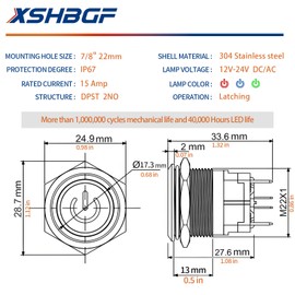 15Amp Latching Push Button Switch IP67 Waterproof 22mm 12V-24V On Off DPST Stainless Steel 304 with LED for 7/8" Hole with Wire Socket Plug (Green)