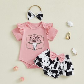 Kayotuas - Conjunto de 3 piezas para bebé y niña, ropa de verano de vaquera, diseño de roveo, estampado de vaca, pantalones cortos, diadema, Volantes rosas., 0-3 meses