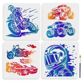 MAYJOYDIY 4Pcs Motorcycle Racing Stencil 11.8x11.8inches Reusable Racer Helmet Race Stencils Big Tires Off-Road Vehicle Drawing Templates Car Racing Flag Template for Painting on Wood Wall Decor