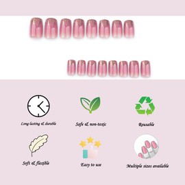 Ombre Pink Gold Press on Nails Square Short Medium Fake Nails Pretty Stick on Nails With Simple Designs for Women Full Cover Artificial Glue on Nails Diy False Nails for Wedding Birthday Prom 24pcs