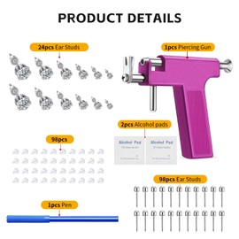JESMODA 225PCS Ear Piercing Gun Kit Ear Piercing Kit with 12 Pairs of CZ Stainless Steel Ear Stud Earrings Nose Piercing Tools with Multi-Purpose Ear Gun for Salon and Home Use Piercing Purple