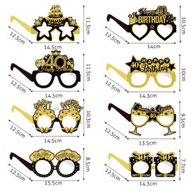 SHANFAA 8 pezzi 40° compleanno carta occhiali decorazioni per donne e uomini, nero oro felice 40° bicchieri foto oggetti di scena decorazioni vintage accessori per feste di compleanno