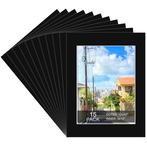 15 Pack 12x16 Black Picture Mats, Frame Mattes for 9x12