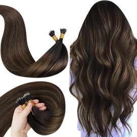Hetto Nano Hair Extensions Real Human Hair Brown Balayage Nano Beads Hair Extensions Dark to Medium Brown Cold Fusion 14inch 50s 50g