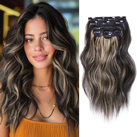 NAYOO Clip in Hair Extensions for Women 14 Inch Short Wavy Curly Black Mix Blonde Hair Extension Full Head Synthetic Hair Extension Hairpieces (6PCS, Black Mix Blonde)