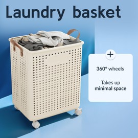 Large Laundry Basket with Wheels and Handles, 17 Gal (64L) Dirty Clothes Hamper, Foldable Design from Spacious to Slim Laundry Hamper, Rolling Laundry Basket for Bathroom, Bedroom, Dorm, Beige