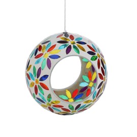 VOREEN Mosaic Bird Feeder, Fly Through Bird Feeders for Outside Hanging, Round Shape Glass Wild Bird Feeder, for Garden, Yard, Backyard, Deck and Porch Decor, Multi Color Flowers, 6 Inches