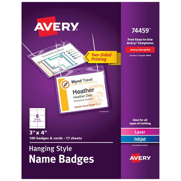 Avery 74459 Neck Hang Badge Holder w/Laser/Inkjet Insert, Top Load, 3h x 4w, White (Box of 100)