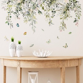 Runtoo Green Plant Leaves Wall Decals Hanging Vine Flower Leaf Wall Stickers for Bedroom Living Room Wall Art Decor