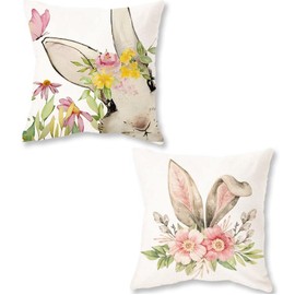 ONWAY Easter Bunny Throw Pillow Covers 20 x 20 Inch Set of 2 Seasonal Spring Rabbit Decorative Lumbar Pillowcases Holiday Cushion Cases for Sofa Couch Home Decorations