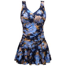 AONTUS - Traje de baño de una pieza con control de abdomen para mujer, cuello en V con protección solar UPF 50+, traje de baño retro para playa y piscina, Fuegos artificiales azules ricos, 22-24