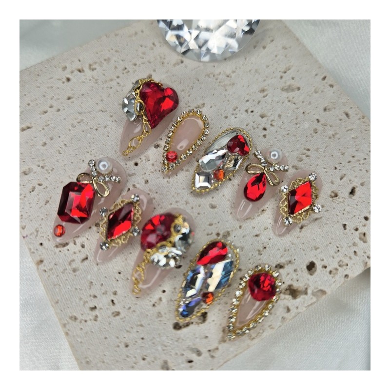 [Premium] Red point stone handmade nail tip - short nose