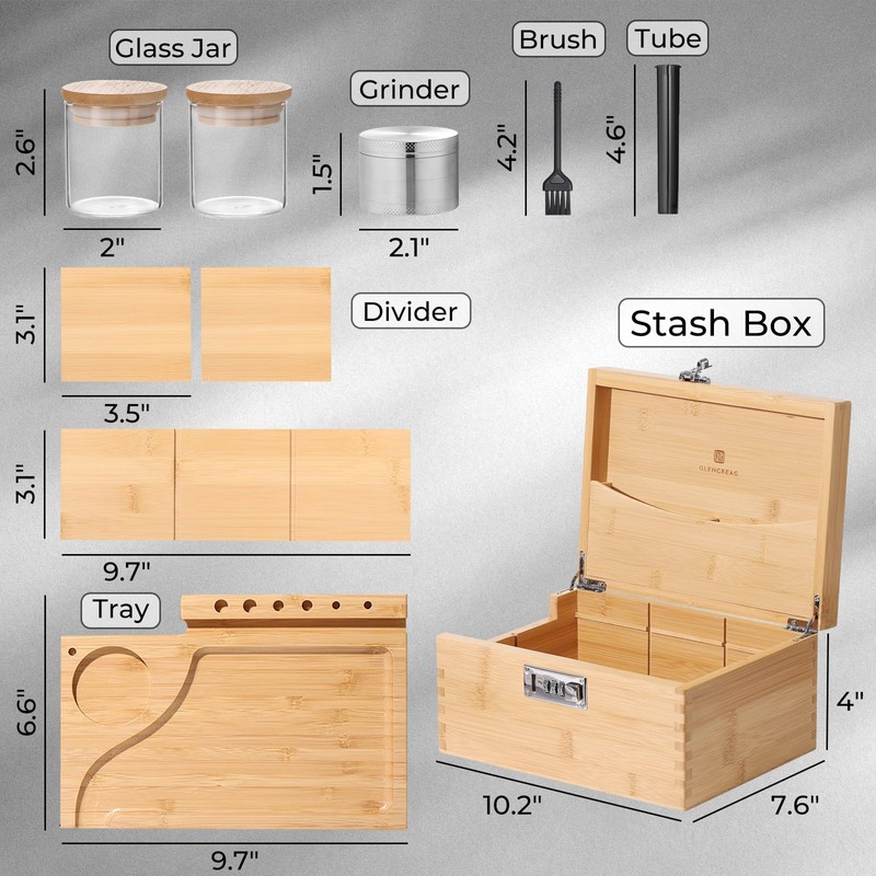 GLENCREAG Stash Box with Rolling Tray, Smell Proof Large Bamboo