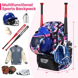 Softball Bag,Softball Bat Bag For Youth Adults,Baseball Bag with Fence Hook for TBall Bat & Equipment,Lightweight Baseball Bat Backpack with Shoe Compartment,Large Main Compartment for Helmet Pink