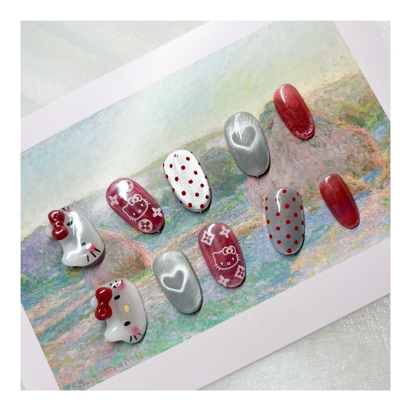 [Handmade Nail Tips] Water Glow Horizontal Cat Nails – Short