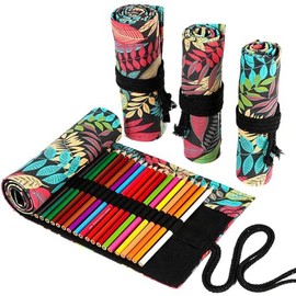 DIYOMR 12/24/36/72 Slots Pencil Wrap Pencil Rolls, Artist Colored Pencil Roll Up Bag Short Brush Pouch Case Pencils Organizer for Drawing Coloring and Sketching, No Pencils (Colorful Leaves, 12slots)