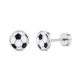 MHWTTY Soccer Stud Earrings,Hypoallergenic 18K Gold Plated Stainless Steel Flat Back Screw on Heart Sports Earrings for Women,Soccer Fan Soccer Mom Jewelry Gift for Sport Day Daily Wear (Silver, Round)
