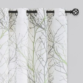 FMFUNCTEX Linen Semi Sheer Curtains for Bedroom, Sage Green White Curtains 54 Inches Long for Living Room, Grey Tree Branch Print Curtain Light Filtering Kitchen Window Drapes, Grommet Top 2 Panels