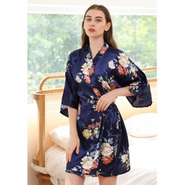 QXQTER Women Floral Satin Robe Silky Bridal Bridesmaid Robe Short Kimono Dressing Gown for Wedding Party Sleepwear