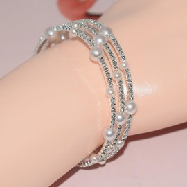Rhinestone Crystal Pearl Open Bangle Bracelet 3-Row Pearl Bracelet for Women Full Tennis Chain Cuff Bracelet Layered Gift for Women Brides (Sliver)