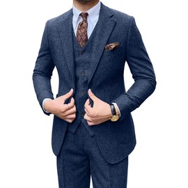 Vintage Men's 3 Piece Suit Herringbone Tweed Checkered Blazer Vest Pants Wool Tuxedos Wedding Grooms Tweed Jacket Navy Blue-XS