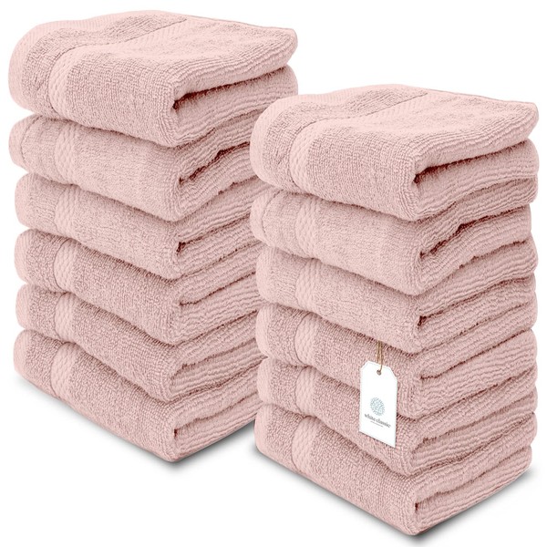 White Classic Luxury Cotton Wash Cloths - Large Hotel Spa Bathroom Face Towel | Pack of 12 | Pink