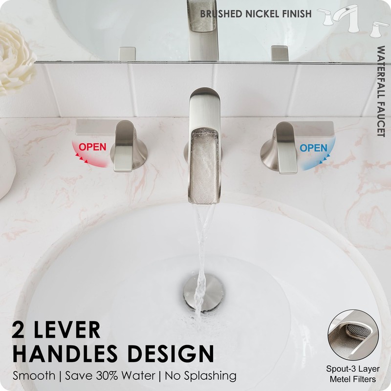 HOIGY Brushed Nickel Bathroom Faucet 3 Hole, 4-8 Inch Waterfall