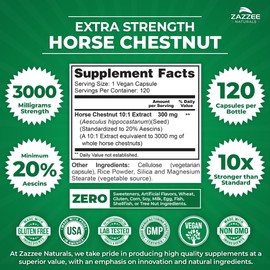 Zazzee Extra Strength Horse Chestnut 10:1 Extract, 3000 mg Strength, 20% Aescins, 4 Month Supply, 120 Vegan Capsules, Concentrated and Standardized 10X Extract, All-Natural, Non-GMO, Made in The USA