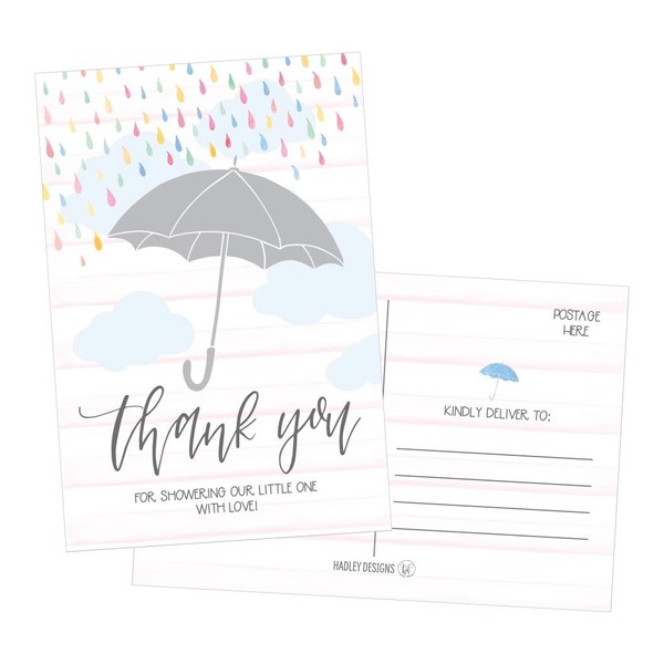 50 4x6 Rain Umbrella Blank Thank You Postcards Bulk, Cute Modern Sprinkle Baby Shower Rainbow Showered With Love Thank You Note Card Stationery For Wedding Bridesmaid Bridal, Religious, Holiday